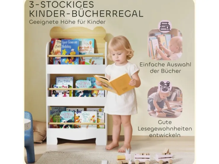 AIYAPLAY Bücherregal für Kinder Kinderregal mit 3 Ablagen aus Holz* Regal Weiß