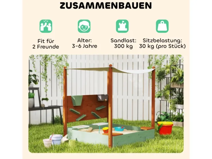 AIYAPLAY Sandkasten mit Abdeckung Massivholz Kinder Sandbox mit Sitzbänken* Aufbewahrung