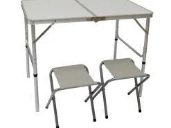 AMANKA Klappbarer Campingtisch 90 x 60 x 70 cm inkl. 2 Aluminium Hocker Hellgrau* Hocker