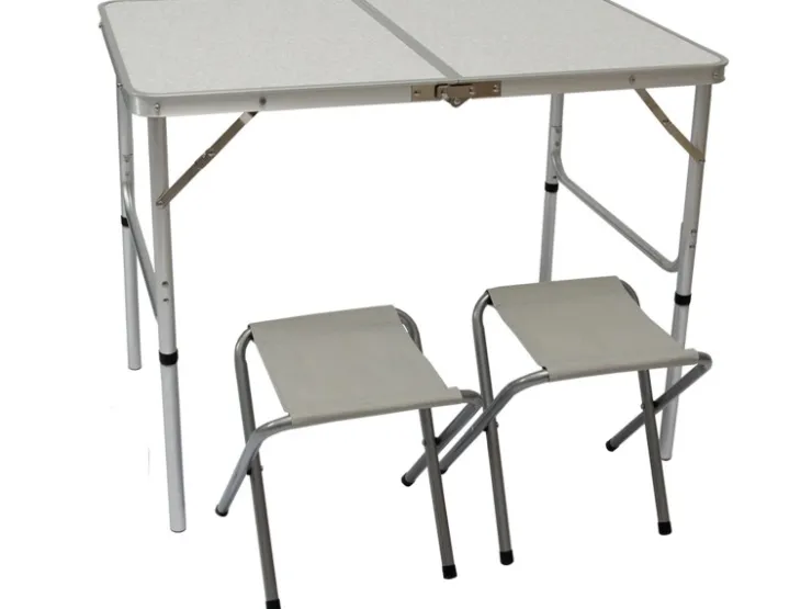 AMANKA Klappbarer Campingtisch 90 x 60 x 70 cm inkl. 2 Aluminium Hocker Hellgrau* Hocker