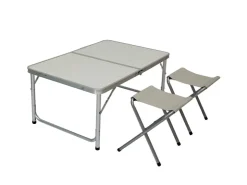 AMANKA Klappbarer Campingtisch 90 x 60 x 70 cm inkl. 2 Aluminium Hocker Hellgrau* Hocker