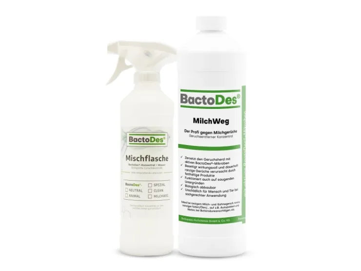 BactoDes MilchWeg Reiniger und Entferner Gegen Milchgeruch Buttersäure Fett- und Ölhaltige Produkte in 1L Flasche mit Misch- und Sprühflasche