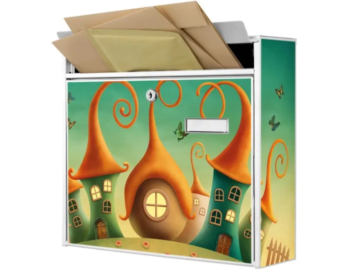 Banjado Briefkasten Weiß 36.2x32.2x10cm Groß / Inkl. Montagematerial & 2 Schlüsseln / Mit Namensschild Motiv Zwergenhausen* Deckenplatten