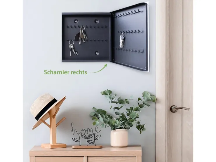 Banjado Großer Schlüsselkasten Glas 30x30cm Schwarz Scharnier Rechts 50 Haken Beschreibbar Magnetisch Motiv Jahresringe