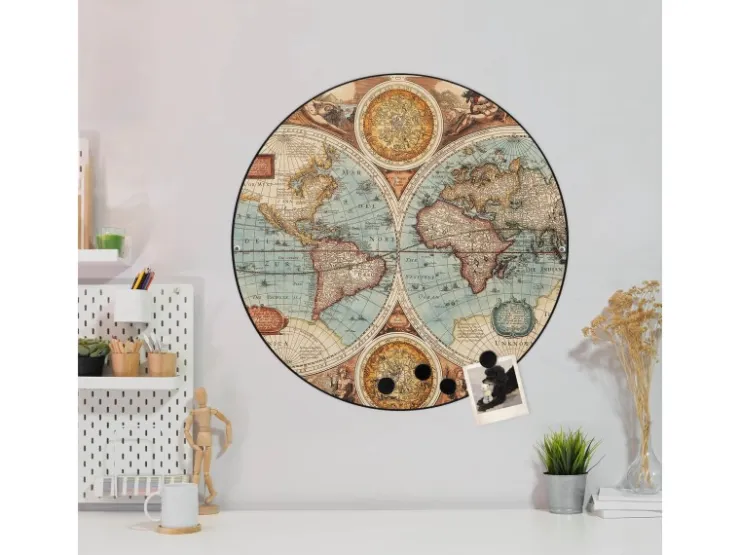 Banjado Magnettafel Rund Größe 47cm Magnetwand Schwarz Aus Metall Magnetpinnwand Pinnwand Motiv Historische Weltkarte* Pinnwände