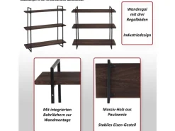 BERLINLODGE Wandregal HxBxT 60x60x18cm 3 Regalböden Massiv-Holz Industrial Weiß Hängeregal Schweberegal* Schweberegale