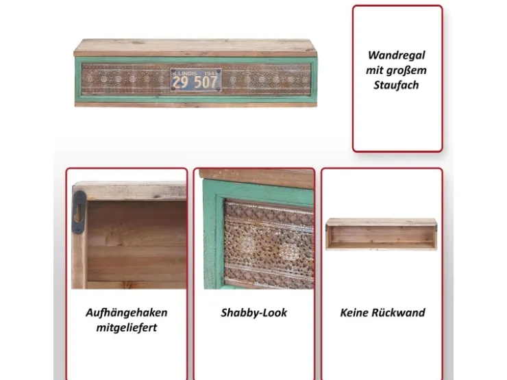 BERLINLODGE Wandregal HxBxT 65x16x13cm Tanne Holz Massiv Vintage Patchwork Hängeregal Regal