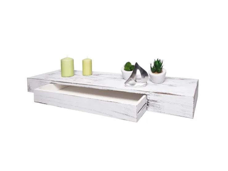 BERLINLODGE Wandregal HxBxT 8x80x25cm Schublade Massiv-Holz Weiß Shabby Schweberegal Wandboard Hängeregal Regal* Schweberegale