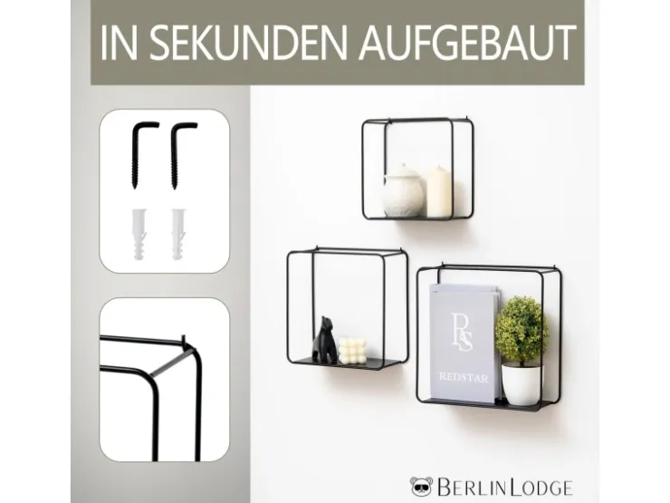 BERLINLODGE Wandregal Metall 3er Set Schwarz Schweberegal 3-Teiliges Hängeregal Würfelregal Schrankregal Wanddeko Und Ablage Schwarz