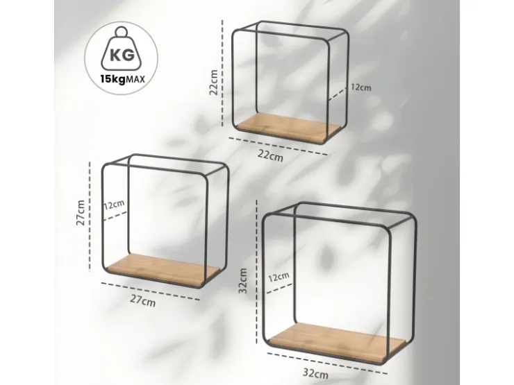 BERLINLODGE Wandregal Metall/Bambus 3er Set Schweberegal 3-Teiliges Hängeregal Würfelregal Schrankregal Wanddeko Und Ablage Schwarz/Holz* Schweberegale