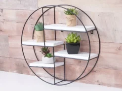 BERLINLODGE Wandregal Rund HxBxT 45x45x11cm 4 Regalböden Metall Massiv-Holz Industrial Hängeregal Schweberegal Regal