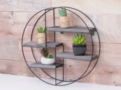 BERLINLODGE Wandregal Rund HxBxT 45x45x11cm 4 Regalböden Metall Massiv-Holz Industrial Dunkel Hängeregal Schweberegal Regal* Schweberegale