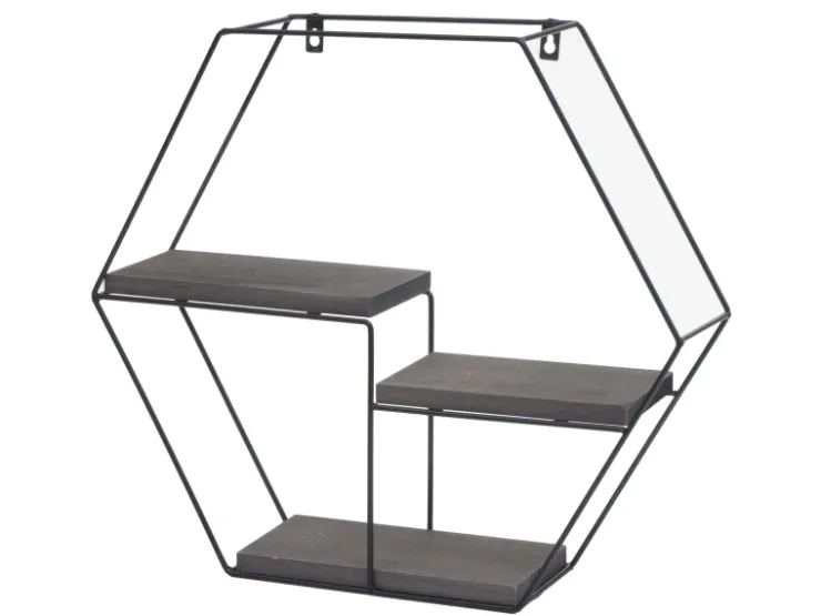 BERLINLODGE Wandregal Sechseckig HxBxT 43x49x11cm 3 Regalböden Metall Massiv-Holz Industrial Dunkel Hängeregal Schweberegal Regal