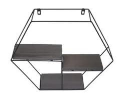 BERLINLODGE Wandregal Sechseckig HxBxT 43x49x11cm 3 Regalböden Metall Massiv-Holz Industrial Dunkel Hängeregal Schweberegal Regal