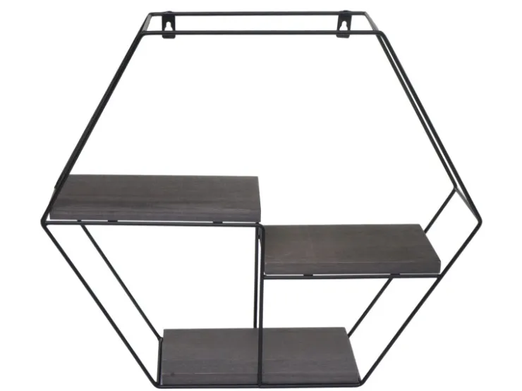 BERLINLODGE Wandregal Sechseckig HxBxT 43x49x11cm 3 Regalböden Metall Massiv-Holz Industrial Dunkel Hängeregal Schweberegal Regal