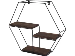 BERLINLODGE Wandregal Sechseckig HxBxT 43x49x11cm 3 Regalböden Metall Massiv-Holz Industrial Dunkel Hängeregal Schweberegal Regal* Holzregale