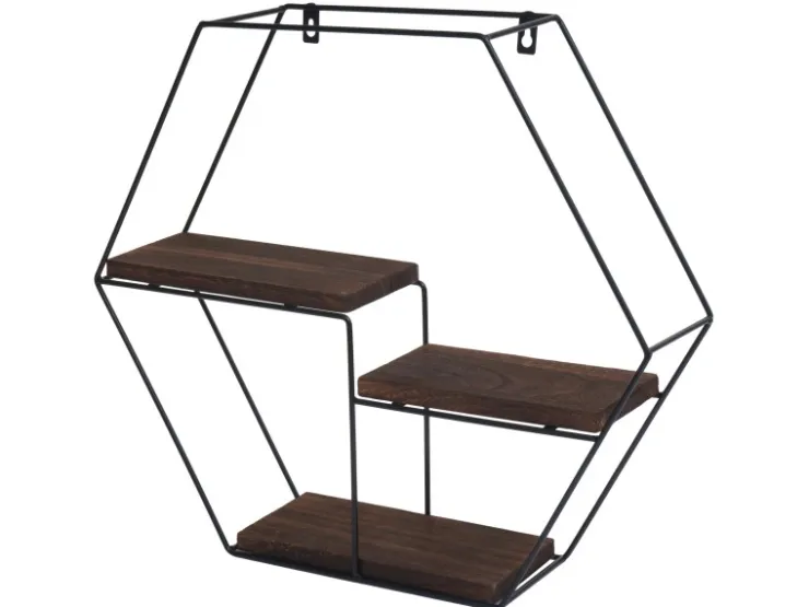 BERLINLODGE Wandregal Sechseckig HxBxT 43x49x11cm 3 Regalböden Metall Massiv-Holz Industrial Dunkel Hängeregal Schweberegal Regal* Holzregale