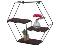 BERLINLODGE Wandregal Sechseckig HxBxT 43x49x11cm 3 Regalböden Metall Massiv-Holz Industrial Dunkel Hängeregal Schweberegal Regal* Holzregale