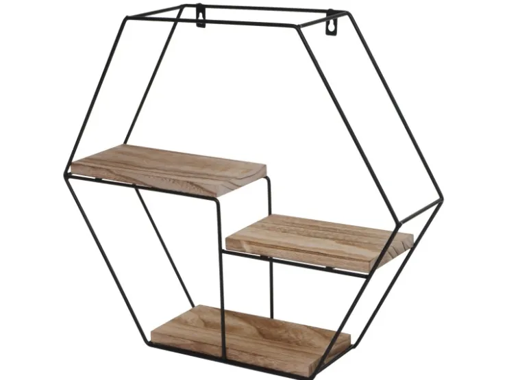 BERLINLODGE Wandregal Sechseckig HxBxT 43x49x11cm 3 Regalböden Metall Massiv-Holz Industrial Hängeregal Schweberegal Regal* Regale Massivholz|Schweberegale