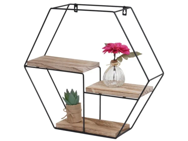 BERLINLODGE Wandregal Sechseckig HxBxT 43x49x11cm 3 Regalböden Metall Massiv-Holz Industrial Hängeregal Schweberegal Regal* Regale Massivholz|Schweberegale