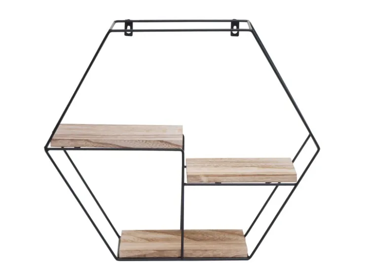 BERLINLODGE Wandregal Sechseckig HxBxT 43x49x11cm 3 Regalböden Metall Massiv-Holz Industrial Hängeregal Schweberegal Regal* Regale Massivholz|Schweberegale