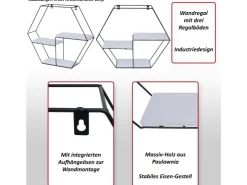 BERLINLODGE Wandregal Sechseckig HxBxT 43x49x11cm 3 Regalböden Metall Massiv-Holz Industrial Hängeregal Schweberegal Regal* Regale Massivholz|Schweberegale