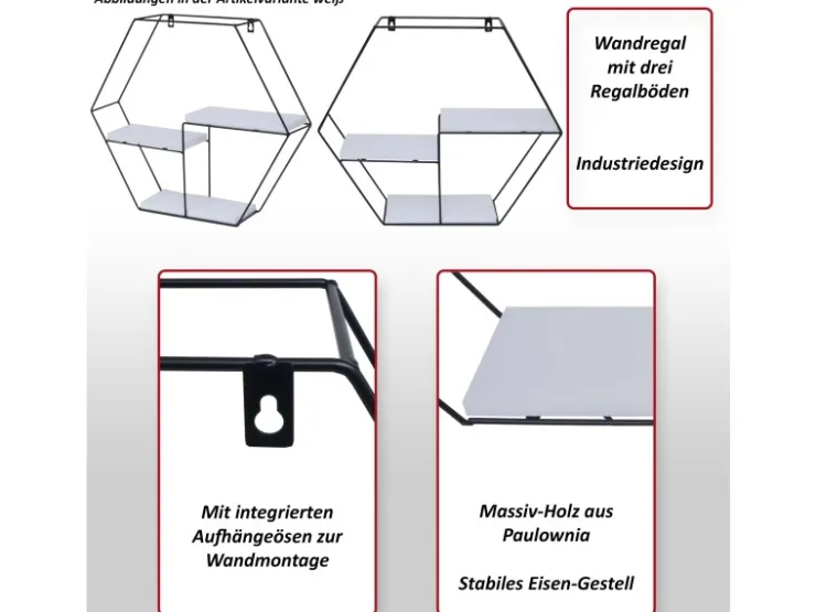 BERLINLODGE Wandregal Sechseckig HxBxT 43x49x11cm 3 Regalböden Metall Massiv-Holz Industrial Hängeregal Schweberegal Regal* Regale Massivholz|Schweberegale