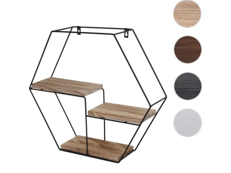 BERLINLODGE Wandregal Sechseckig HxBxT 43x49x11cm 3 Regalböden Metall Massiv-Holz Industrial Hängeregal Schweberegal Regal* Regale Massivholz|Schweberegale