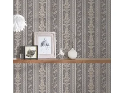 Bricoflor Barock Vliestapete mit Vinyl Abwaschbare Tapete mit Ornamenten Streifen in Silber Grau Elegante Vlies Barocktapete Gestreift für Esszimmer* Tapetenmuster