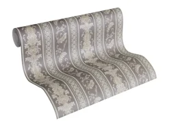 Bricoflor Barock Vliestapete mit Vinyl Abwaschbare Tapete mit Ornamenten Streifen in Silber Grau Elegante Vlies Barocktapete Gestreift für Esszimmer* Tapetenmuster