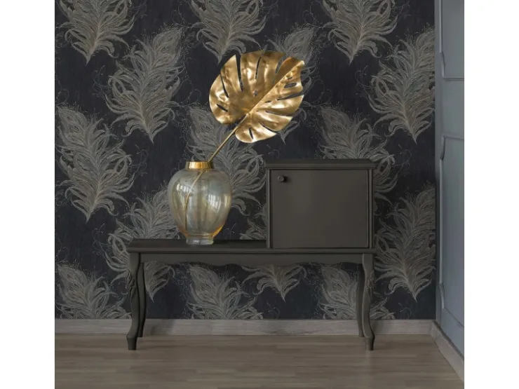 Bricoflor 20er Jahre Tapete Schwarz Feder Vliestapete Elegant Ideal für Schlafzimmer und Esszimmer Vlies Mustertapete mit Federn Im Burlesque Stil* Tapetenmuster