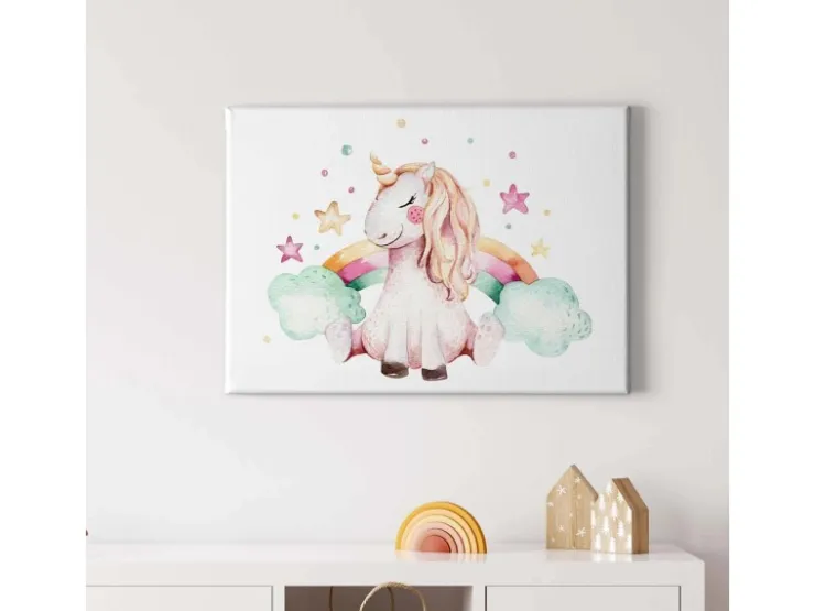 Bricoflor Kinderzimmer Wandbild Mit Einhorn Aquarell Bild Auf Leinwand Mit Sternen Und Regenbogen Wasserfarben Leinwandbild Ideal Für Mädchenzimmer