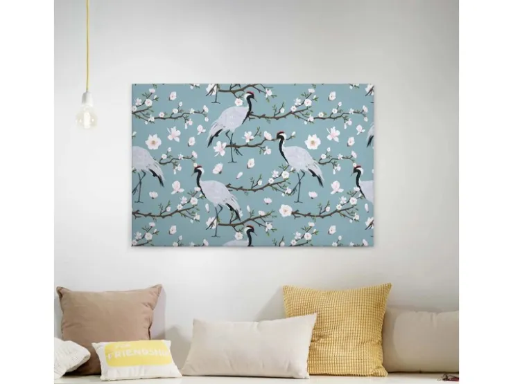 Bricoflor Leinwandbild Mit Kranich Wandbild Mit Vogel Und Kirschblüten In Blau Und Weiß Schlafzimmer Canvas Keilrahmen Bild Im Asiatischen Stil* Wanddekoration