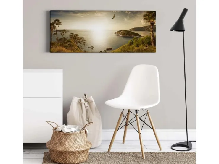 Bricoflor Panorama Bild Mit Insel Motiv Dschungel Leinwand Bild Mit Meer Motiv Ideal Für Wohnzimmer Grünes Wandbild Mit Palmen Und Adler* Wanddekoration