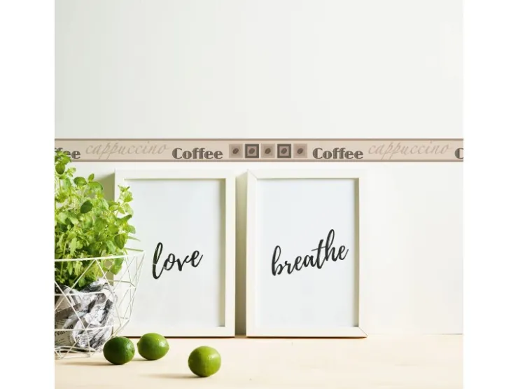 Bricoflor Schmale Tapetenborte für Küche Selbstklebende Tapeten Bordüre mit Kaffee Design in Beige Braun Cafe Wandbordüre mit Schriftzug aus Vinyl* Bordüren
