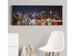 Bricoflor Skyline Von New York Auf Leinwand Modernes Stadt Bild Mit Nacht Motiv Ideal Für Jugend Und Schlafzimmer Urbanes Wandbild In Schwarz Blau* Wanddekoration