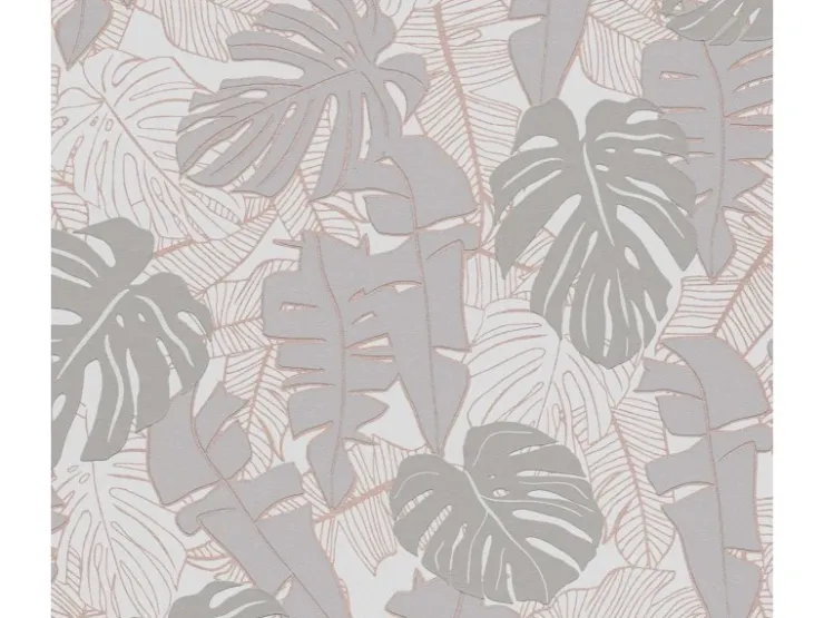 Bricoflor Tapete mit Monstera Graue Vliestapete mit Palmenblättern Tropische Mustertapete in Grau mit Kupfer Metallic Effekt