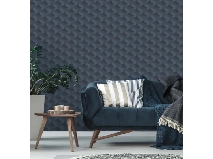 Bricoflor Vliestapete Blau mit Muster 3D Tapete Geometrisch Ideal für Büro und Schlafzimmer Grafische Mustertapete Dunkelblau
