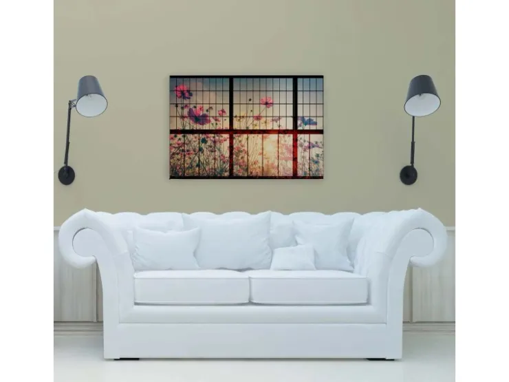 Bricoflor Wandbild Fensterblick In Garten Leinwandbild Mit Blumenwiese In Sonnenuntergang Deko Bild Für Schlafzimmer In 90 X 60 Cm