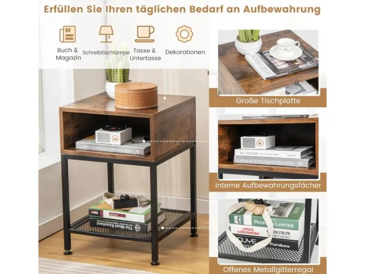 Costway Beistelltisch Im Industriedesign Nachttisch mit Stauraum Braun