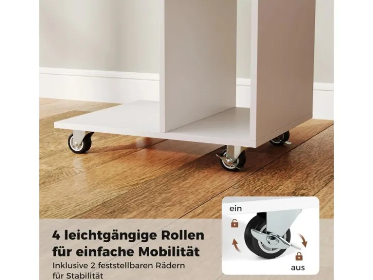 Costway Beistelltisch mit Rollen Sofatisch C-Form Nachttisch Weiß