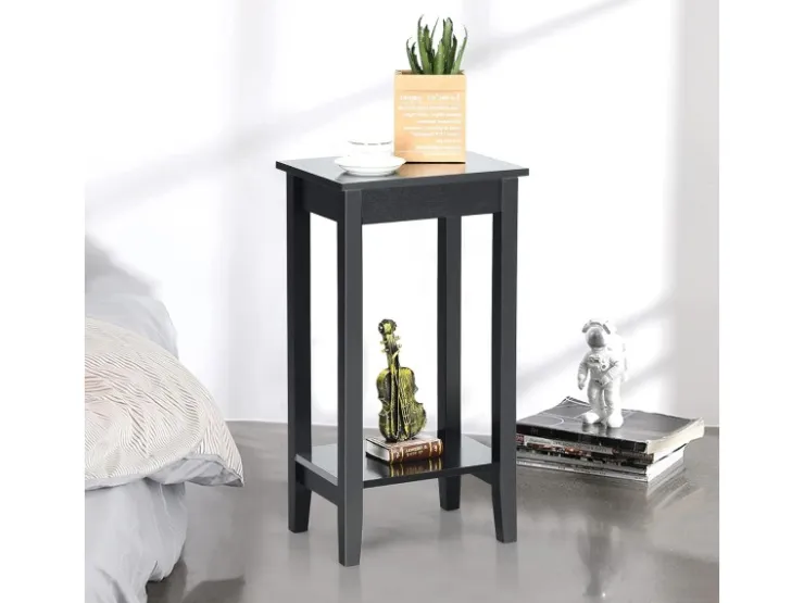 Costway Beistelltisch mit Regal 2-Stöckiger & 4 Massivholzbeinen Black* Regale Massivholz|Tische
