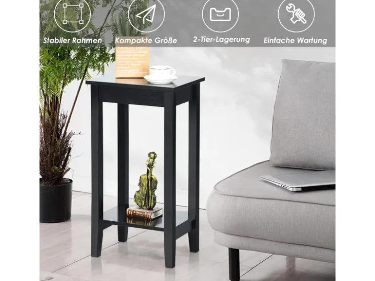 Costway Beistelltisch mit Regal 2-Stöckiger & 4 Massivholzbeinen Black* Regale Massivholz|Tische