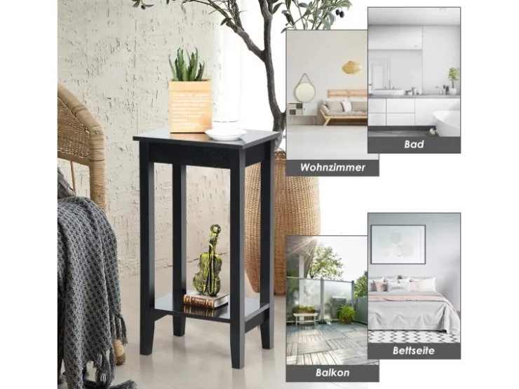 Costway Beistelltisch mit Regal 2-Stöckiger & 4 Massivholzbeinen Black* Regale Massivholz|Tische