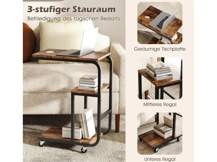 Costway Beistelltisch Sofatisch mit Rollen C-Form 3 Ebenen Kaffeetisch* Tische