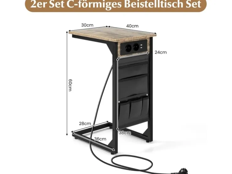 Costway 2er Set Beistelltisch mit Ladestation & USB Anschlüssen C-Form* Tische