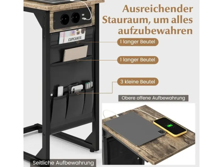 Costway 2er Set Beistelltisch mit Ladestation & USB Anschlüssen C-Form* Tische