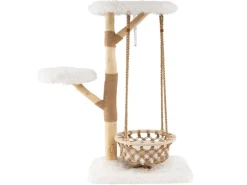 Costway Kratzbaum Holz mit Hängekorb Seil Echten Holzästen 123 cm Weiß