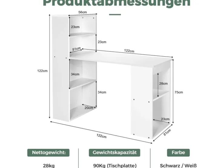 Costway Schreibtisch mit Bücherregal 122 x 56 x 122 cm