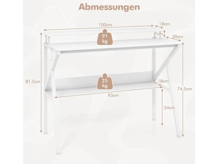Costway Schreibtisch mit Monitorständer PC-Tisch mit Regal Weiß